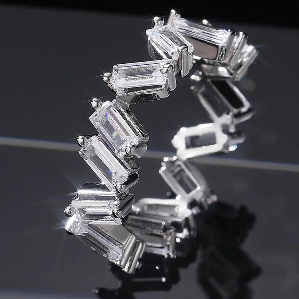 🔥Shiny Irregular Rectangle Gems Full Around Zircon Silver Eternity Ring, K804_2